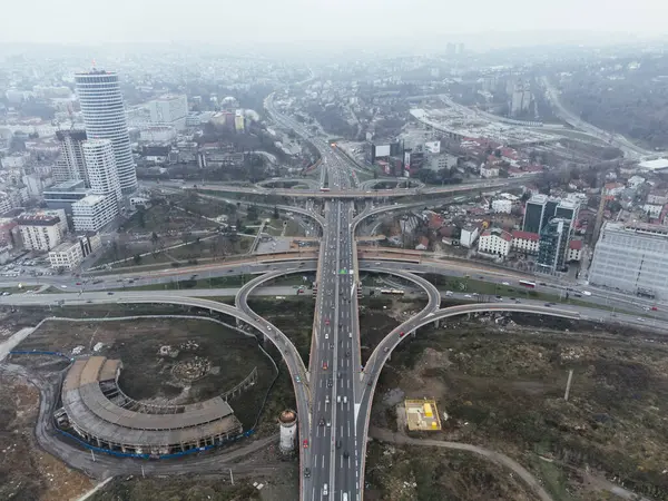 Aerial drone view of a road junction in Belgrade, Serbia, Europe