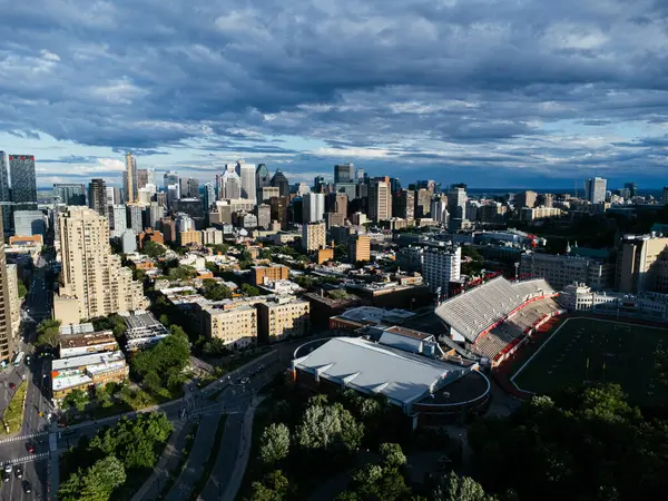 stock image Drone view of skyscrapers Montreal downtown. Mont-Royal park, Montreal, Canada