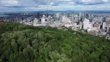 Parkın üstünde İHA uçuşu ve arka planda gökdelenler. Mont-Royal Parkı, Montreal, Kanada