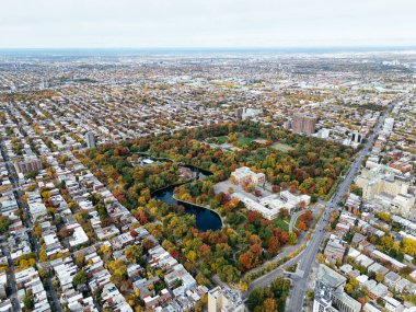 Halka açık bir park, sonbahar yaprağı rengi değişimi, şehir merkezindeki gökdelenler..