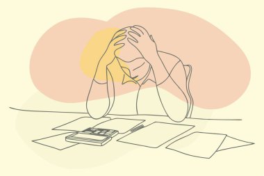 Vergileri hesaplayan hoşnutsuz kişinin banka hesapları ve faturaları kötü denge, iflas, borç