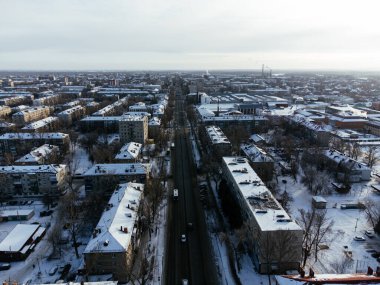 Uralsk şehir merkezinin hava görüntüsü, şehir merkezi, Kazakistan.