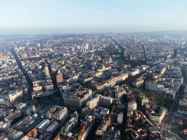 Akşam Belgrad şehir merkezinin hava görüntüsü. Sırbistan 'ın başkenti. Avrupa.
