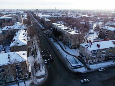 Uralsk şehir merkezinin hava görüntüsü, şehir merkezi, Kazakistan.