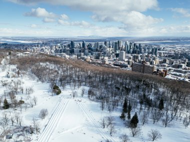 Mont Royal, Montreal 'den kışın şehir merkezindeki buz pateni pisti manzarası. Quebec, Kanada