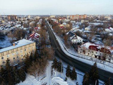 Uralsk şehir merkezinin hava görüntüsü, şehir merkezi, Kazakistan.