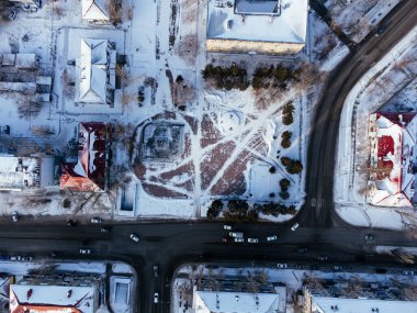 Uralsk şehir merkezinin hava görüntüsü, şehir merkezi, Kazakistan.