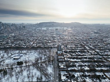 Kış Parkı Pınarı, karla kaplı donmuş göl manzarası. Montreal, Quebec, Kanada.