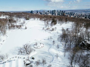 Mont Royal, Montreal 'den kışın şehir merkezindeki buz pateni pisti manzarası. Quebec, Kanada