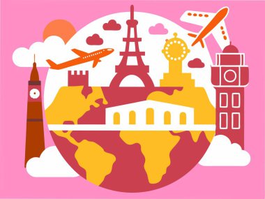 Dünya 'nın ortasında, dünyanın en ünlü yerlerinde uçan bir uçak.