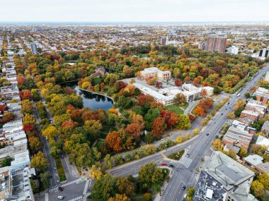 Halka açık bir park, sonbahar yaprağı rengi değişimi, şehir merkezindeki gökdelenler..