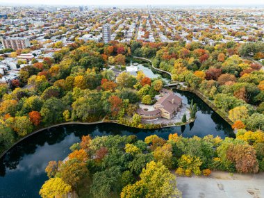 Halka açık bir park, sonbahar yaprağı rengi değişimi, şehir merkezindeki gökdelenler..