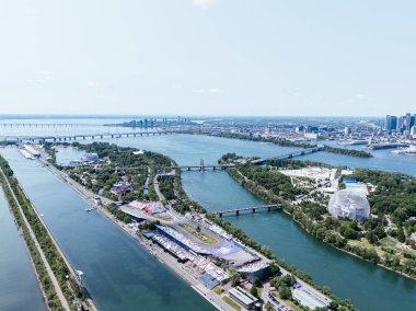 14 Haziran 2025. Montreal 'deki Formula 1 Circuit Gilles Villeneuve' un helikopter uçuş görüntüsü. Quebec, Kanada