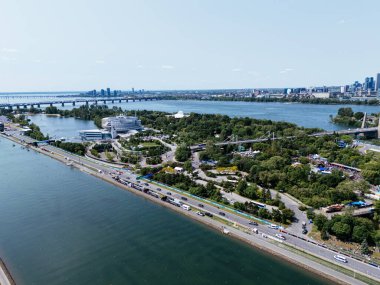 14 Haziran 2025. Montreal 'deki Formula 1 Circuit Gilles Villeneuve' un helikopter uçuş görüntüsü. Quebec, Kanada