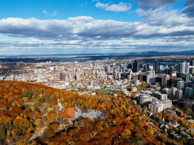 Arka planda şehir merkezindeki gökdelenlerle sonbahar parkının üzerinde insansız hava aracı uçuşu. Mont-Royal Parkı, Montreal, Kanada.