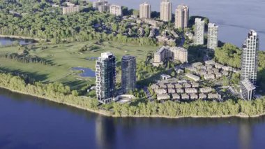 Rahibeler Adası konut binaları, köprü ve gün batımında trafik Montreal, Quebec, Kanada...