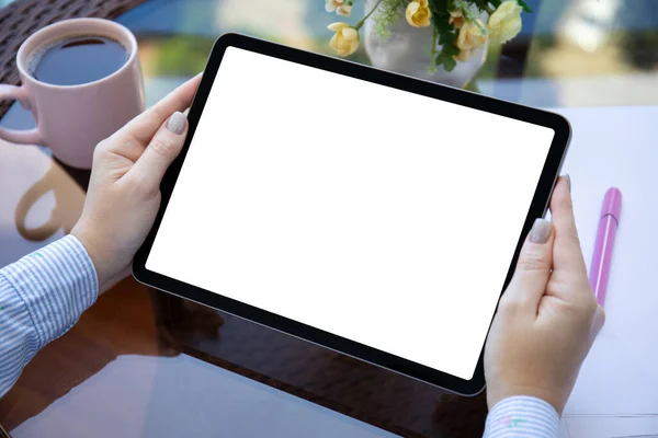 Female Hands Hold Computer Tablet Isolated Screen Background Table Cafe — Stok fotoğraf