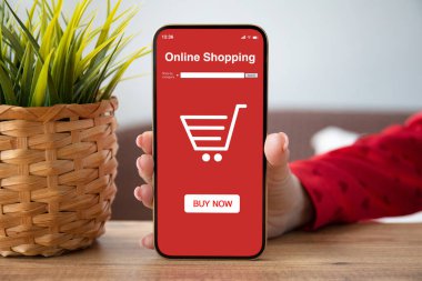 Kırmızı gömlekli bir kadın telefonu internet üzerinden Cafe 'deki tahta masadan alışveriş yapıyor.