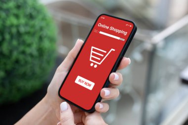 Green Street 'in arka planında uygulamalı internet alışverişi yapan bir kadın.