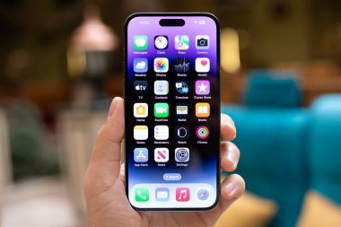 Alanya, Türkiye - 2 Ocak 2024: İnsan eli iPhone 15 Pro Max ile ana ekran IOS 17 ekranda.