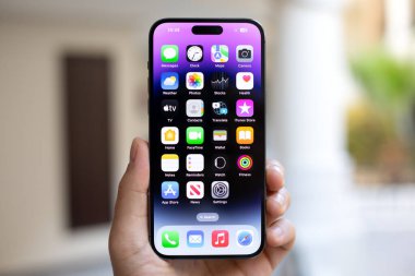 Alanya, Türkiye - 2 Ocak 2024: İnsan eli iPhone 15 Pro Max ile ana ekran IOS 17 ekranda.
