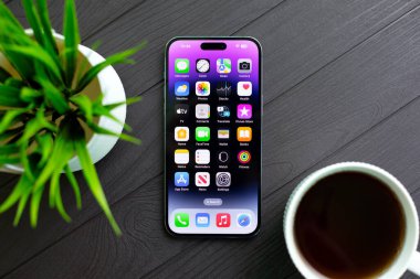 Alanya, Türkiye - 28 Nisan 2024: Telefon Apple iPhone 15 Pro Max ve ana ekran IOS 17 ekranda.