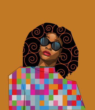 Illustration african person. Black woman - female portrait with sunglasses. Beauty face young lady vector design. Abstract modern art, graphic design character for background, poster, fashion model