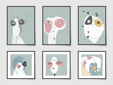 Bir dizi soyut vektör sanatı, insan, kadın yüzü. Resim çizimi çok az, karalama kadın portresi. Moda, poster, baskı, davetiye şablonu için modern modern grafik tasarımı