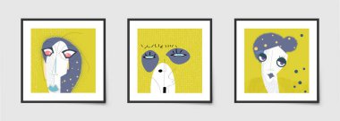 Bir grup soyut vektör, insan, kadın ya da kız yüzü. Çizim en az karalama portresi. Modern duvar sanatı, grafik tasarımı moda, sanat eseri, poster, baskı, arkaplan için geometrik şekil