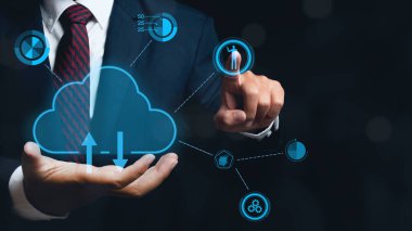 Businessman holding virtual icon cloud server computing connection data information in hand. Cloud computing and technology internet storage network concept.