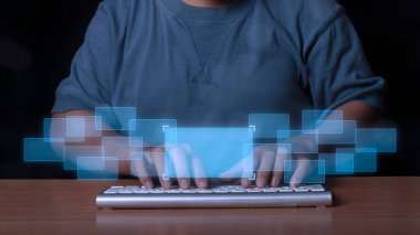 Businessman using computer keyboard with interface screen. Choice concept.