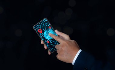 Location point, icon maps and find places in the online system, Businessman using mobile smart phone of searching information location maps. Connection line over the map, Navigation concept.