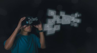 Man wearing VR Headset Global business connection metaverse. Business global internet connection application technology and digital marketing, Financial and banking, Digital link tech, big data.