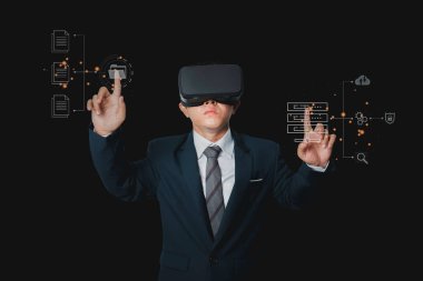 Businessman wearing VR Headset virtual Global business connection metaverse, Document Management System, Internet online documentation database and process automation to efficiently files.