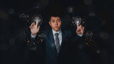 Global business connection, internet of things. Businessman access new technology bigdata and business process strategy, automate operation, customer service management, cloud computing