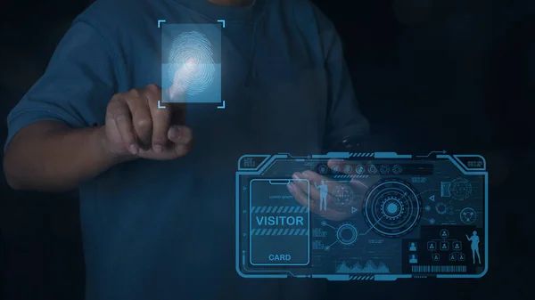 Omul Afaceri Atingând Identitatea Biometrică Aprobarea Vizitatorului Ecran Virtual Autentificare — Fotografie, imagine de stoc