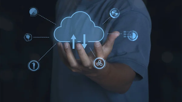 Cloud Computing. man holding virtual icon cloud server computing connection data information in hand. Cloud computing and technology internet storage network concept