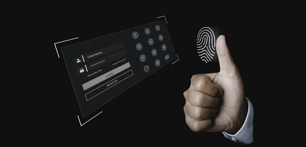 Fingerprint scanner futuristic digital processing of biometric identification. Secure access granted by valid fingerprint scan, cyber security on internet of digital programs futuristic applications.