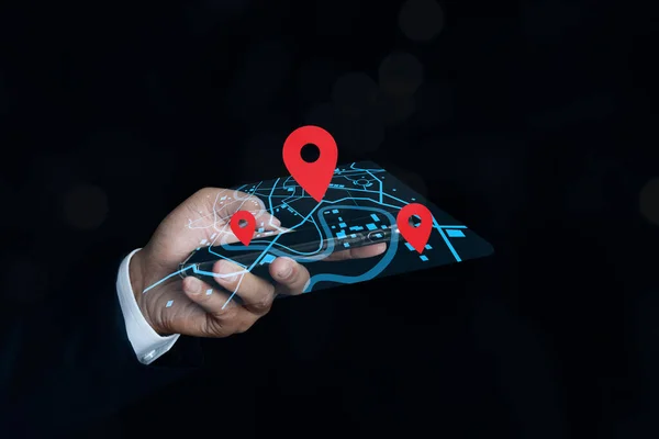 Location point, icon maps and find places in the online system, Businessman using mobile smart phone of searching information location maps. Connection line over the map, Navigation concept.