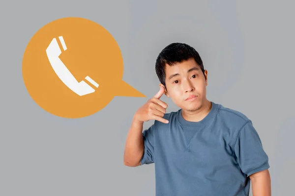 Portrait Young Single Man Wearing Shirt Making Call Gesture Icon — Fotografia de Stock