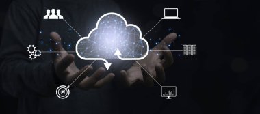 Cloud computing technology internet storage network, businessman show cloud computing diagram, Data storage and networking with connection line business icon. Networking and internet service concept.