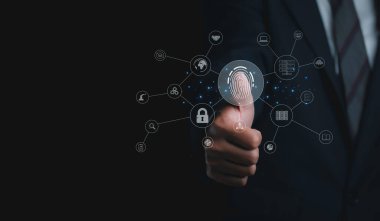 Fingerprint scanner futuristic digital processing of biometric identification. Secure access granted by valid fingerprint scan, cyber security on internet of digital programs futuristic applications.
