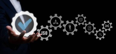 Quality management certification and standardization proces, ISO certified business, conformity to international standards and quality assurance or QA and Quality Control or QC.