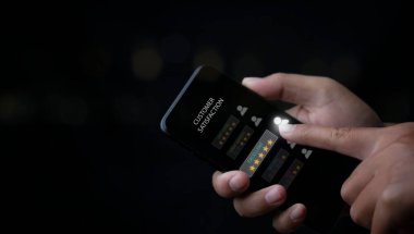 Customer satisfaction experience concept. Businessman giving high score with five golden stars rating satisfaction in service. rating very impressed. copy space.