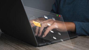 Document Management System (DMS), Businessman access business connection online documentation database and process automation to efficiently manage files. Corporate business technology.