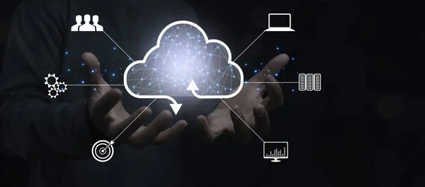 Cloud computing technology internet storage network, businessman show cloud computing diagram, Data storage and networking with connection line business icon. Networking and internet service concept.