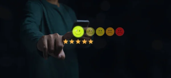 Customer Satisfaction Experience Concept Businessman Choosing Happy Smiley Face Icon — Foto Stock