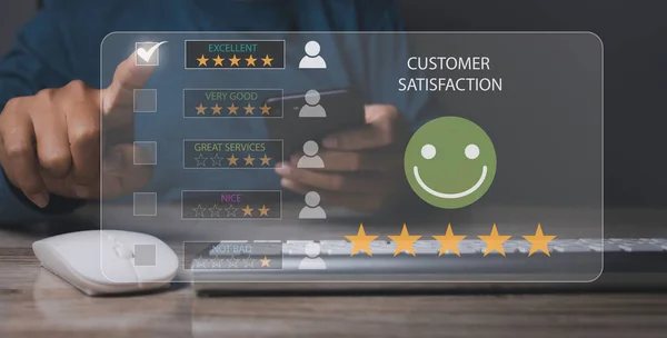 Customer Satisfaction Experience Concept Businessman Giving High Score Five Golden — Stock fotografie