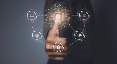 Fingerprint scanner futuristic digital processing of biometric identification. Secure access granted by valid fingerprint scan, cyber security on internet of digital programs futuristic applications.
