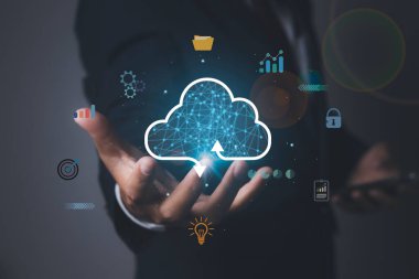Bulut hesaplama teknolojisi internet depolama ağı, bulut hesaplama diyagramı, bağlantı hattı iş simgesiyle veri depolama ağı. Ağ ve internet hizmeti kavramı.